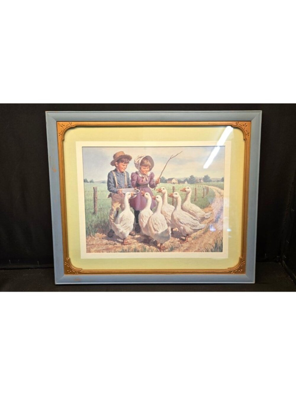 Vintage Framed Print "Children Feeding Ducks or Geese" in Homco Frame 19"x16"